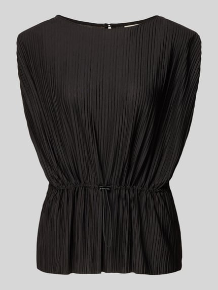 Produktfoto, Blusentop mit Tunnelzug Modell 'MIKALA' van ICHI in zwart met materiaalmix met stretch, getailleerd model, ronde hals, ruglengte maat S 55 cm, fijne plooitextuur