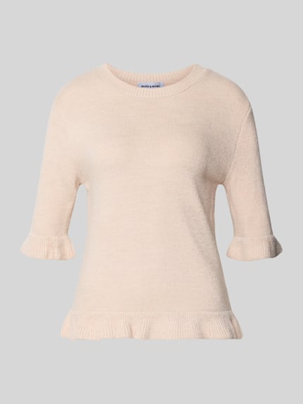 Produktfoto, Longsleeve mit Viskose-Anteil von MORE & MORE in Beige, Strick-Optik, Rüschenbesatz, körpernahe Passform, Halbarm