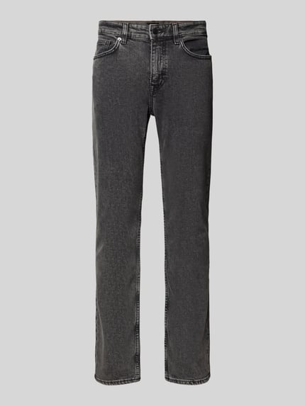 Produktfoto, prosty krój spodni Straight Fit Jeans aus Baumwoll-Mix Modell 'DELAWARE BO' od BOSS Orange, melanżowy denim, 5 kieszeni, materiał bawełniany