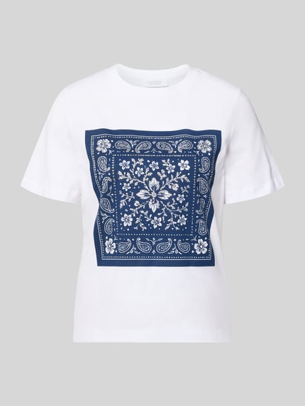 Produktfoto, T-Shirt mit Motiv-Print und Ziersteinbesatz von Rich & Royal aus reiner Baumwolle in Weiß mit blauem Print, Regular Fit, Rundhalsausschnitt, Rückseite nicht sichtbar