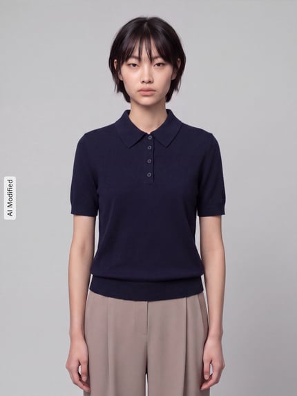 Vrouwenmodel draagt Regular Fit poloshirt uit mix van katoen en kasjmier van GANT, Dames poloshirt, donkerblauw, frontale borstclose-up, KI-modificeerd beeld