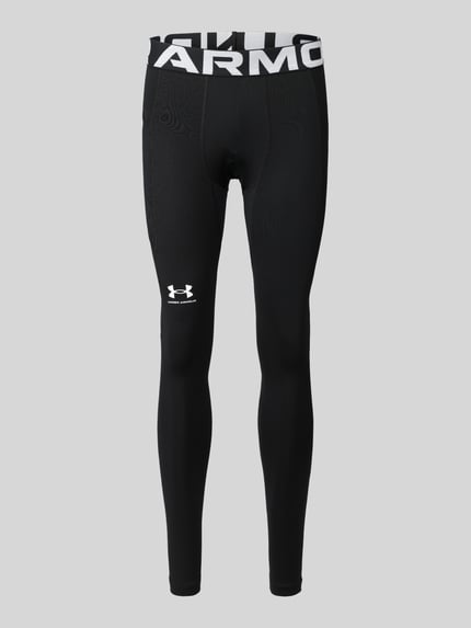Produktfoto, schwarze Slim Fit Sport-Leggings mit Logo-Print von Under Armour, glatte Textur, Herren Sport-Leggings von Under Armour