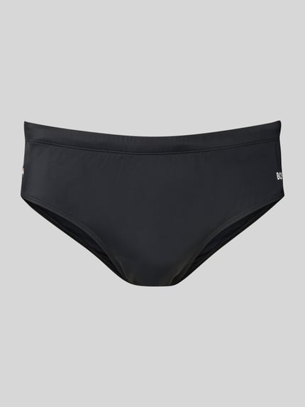 Produktfoto, Badeslip in unifarbenem Design Modell 'JOHN' von BOSS mit Label-Stitching-Applikation, gefertigt aus Stretch-Jersey, Optik: Unifarben, glatte Struktur.