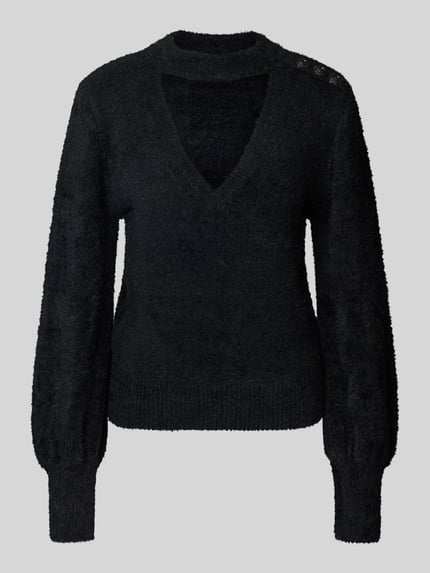 Produktfoto, schwarzer Regular Fit Strickpullover Modell 'CHOCKER JAYCEE' von GUESS aus Material-Mix, V-Ausschnitt, Stehkragen, Zierknöpfe.