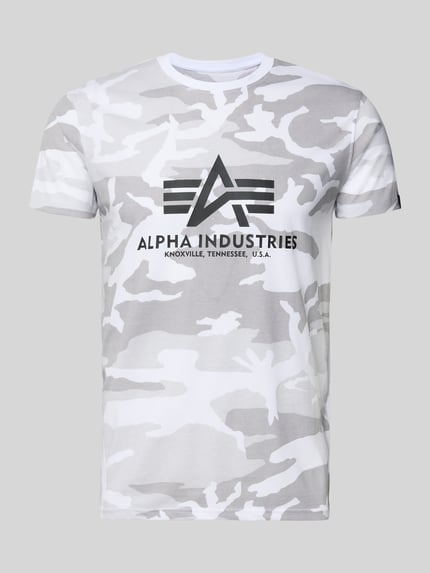 Produktfoto, T-Shirt mit Label-Print von Alpha Industries aus Reine Baumwolle, Gerader-Schnitt, Rundhalsausschnitt, Herren T-Shirt, Camouflage-Muster.