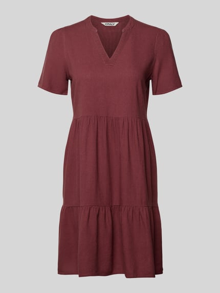 Produktfoto, A-lijn vrijetijdsjurk uit mix van viscose en linnen model 'TIRI-GOA' van Only, effen kleuren, minilengte, V-hals, korte mouw, met gevlamd garen.