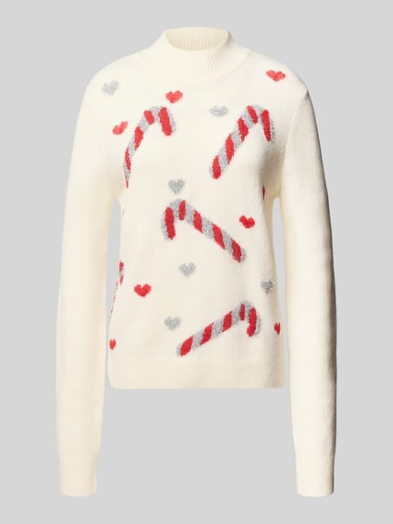 Produktfoto, Strickpullover im Allover-Look mit Stehkragen von Christian Berg Woman, cremefarben mit roten und silbernen Mustern, Material-Mix mit Stretch-Anteil, Slim Fit