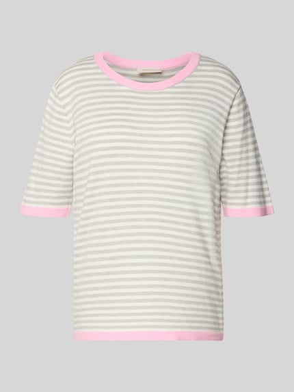Produktfoto, Relaxed Fit T-Shirt aus Viskose-Mix Modell 'Zanti' von FREE/QUENT, w paski szare i białe, ściągacze różowe, strick-look, półrękaw, okrągły dekolt, elastyczne wykończenia, długość tyłu 57 cm, długość rękawa 26 cm
