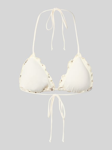 Produktfoto, Bikini-Oberteil in Triangel-Optik Modell 'Sagittarius' von MC2 Saint Barth, elastischer-Material-Mix, Slim-Fit, florales-Allover-Stitching, cremefarbener Stoff mit dekorativen Rändern.