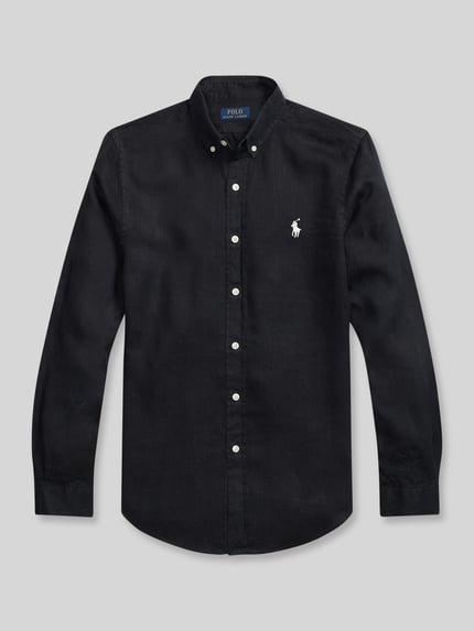 Produktfoto, Regular Fit Freizeithemd aus reinem Leinen von Polo Ralph Lauren in Schwarz, unifarben, langarm, Knopfleiste, Logo-Stickerei.