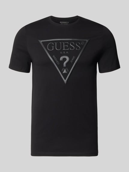 Produktfoto, schwarzes GUESS Herren T-Shirt mit großem Logo, Rundhalsausschnitt, Reine Baumwolle, Slim-Fit, Rückenlänge 70 cm Größe M