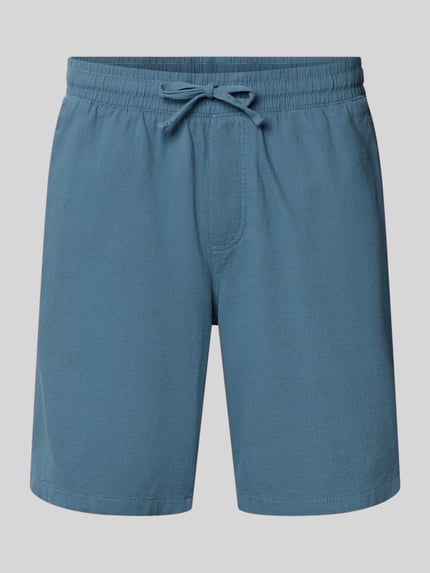 Produktfoto, blauwe korte broek van puur katoen, regular fit, structuurpatroon, elastische band en tunnelkoord, model 'JAIDEN' van Jack & Jones, bandwijdte maat M 43 cm, binnenbeenlengte maat M 23 cm
