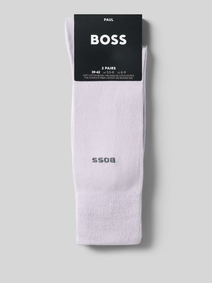 Produktfoto, Socken aus Baumwoll-Mix im 2er-Pack von BOSS in Unifarben mit Label-Print, gerippter, elastischer Bund, Materialstruktur gut erkennbar.