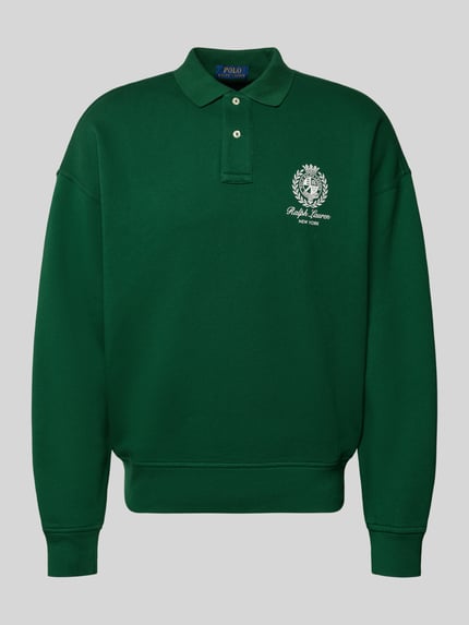 Produktfoto, Regular Fit Sweatshirt aus Baumwoll-Mix von Polo Ralph Lauren in Dunkelgrün mit Polokragen, Label Print, unifarben, Sweatstruktur