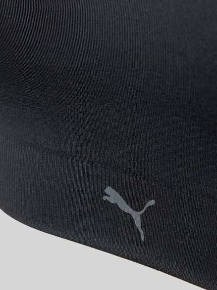 Produktfoto, schwarzer Triangel-BH mit Logo von PUMA aus elastischem Material-Mix, feine Rippenstruktur und glatte Oberfläche