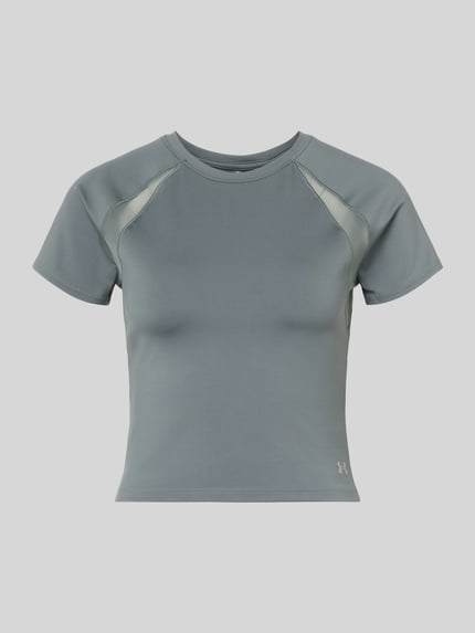Productfoto, T-Shirt met Mesh-inzetten en logo van Under Armour, grijsblauw, cropped, ronde hals, materiaal-mix met stretch.