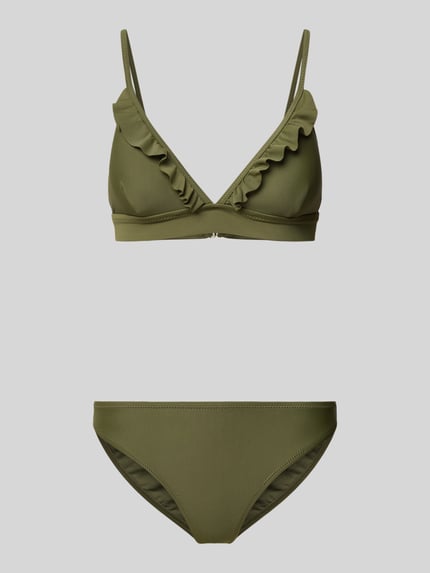 Produktfoto, olivgrüner Bikini mit Volants Modell 'BEAU' von Shiwi, körpernahe Passform, glatte Textur, Material-Mix mit Stretch-Anteil