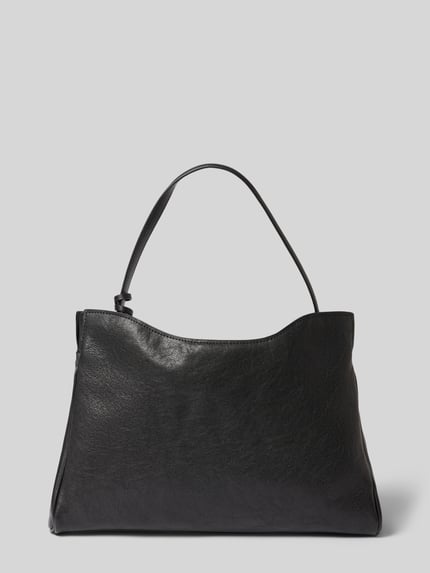 Produktfoto, schwarze Handtasche aus Leder-Mix Modell 'Valentin' von MANGO mit kurzem Schulterriemen und Klickverschluss, matter Glanz, glatte Textur, Innenfach mit Reißverschluss, Accessoire für Damen.