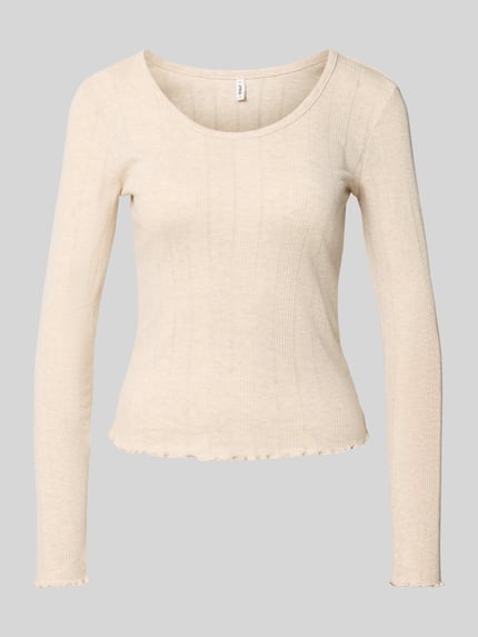 Produktfoto, Slim Fit Langarmshirt mit Baumwoll-Anteil Modell 'TENNA' von ONLY in Beige mit feiner Rippstruktur, Damen Langarmshirt von ONLY