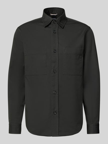 Produktfoto, Relaxed Fit Hemdjacke aus reiner Baumwolle Modell 'H-OWEN-K-2PP-261' von BOSS, czarna, długi rękaw, kieszeń na piersi, unikatowa faktura