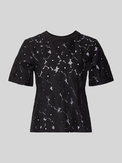 Produktfoto, Regular Fit T-Shirt aus Spitze Modell 'SALLIE' von Vero Moda, Optik: Unifarben, Rundhals, Kurzarm, Materialverarbeitung: Spitze, Material: Baumwoll-Mix, schwarze Farbgebung, florale Mustertextur.