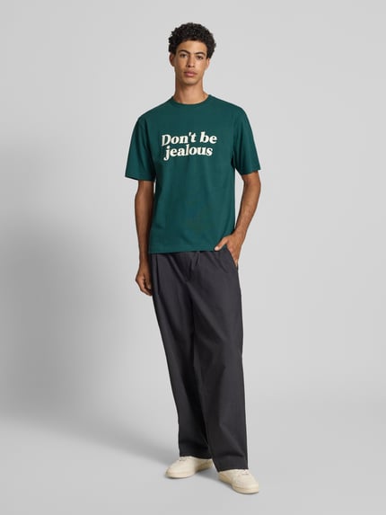 REVIEW T-shirt met geribde ronde hals Donkergroen - 1
