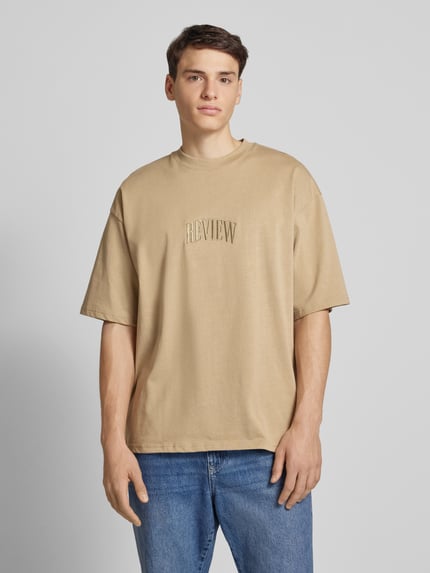 REVIEW T-shirt z wyhaftowanym logo Szarobrązowy 4