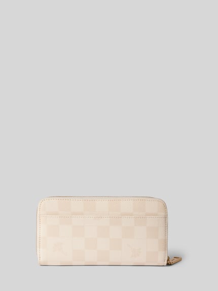 Produktfoto, Portemonnaie mit Label-Applikation Modell 'Melete' von JOOP! für Damen, beige kariertes Muster, Reißverschluss, glatte Struktur.