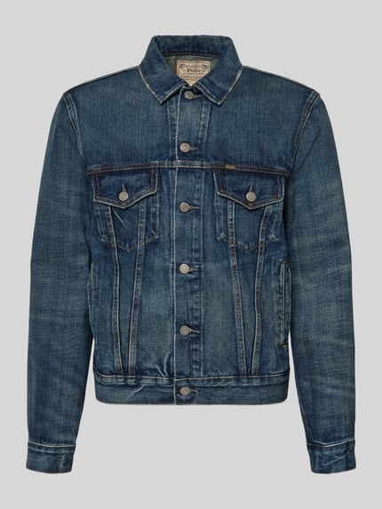 Produktfoto, Shaped Fit Jeansjacke aus reiner Baumwolle von Polo Ralph Lauren, niebieski denim, jednolity kolor, długie rękawy, guziki, kieszenie, label stitching, krój shaped fit, materiał bawełna