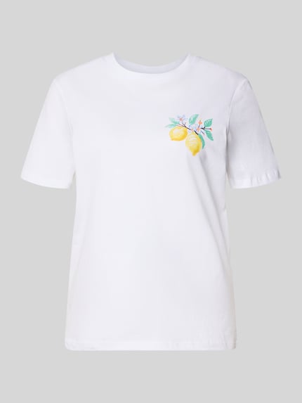 Produktfoto, jednokolorowa biała koszulka Regular Fit T-Shirt aus reiner Baumwolle Modell 'BRIANNA' od Pieces z nadrukiem cytryn, jersey, krój regular fit, bawełna