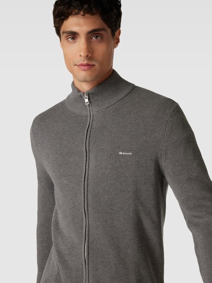 GANT Gebreid jack met labelstitching model 'PIQUE' Antraciet - 3