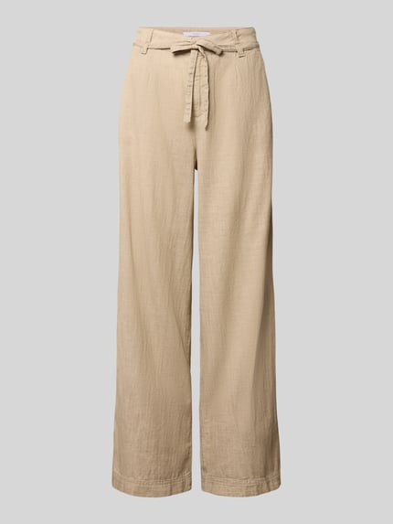 Produktfoto, Wide-Fit Stoffhose mit Bügelfalten Modell 'Livia' von Angels aus Reine Baumwolle, beige, sichtbarer Knopf- und Reißverschluss, klassische Struktur