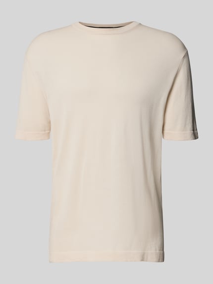 Produktfoto, T-Shirt mit geripptem Rundhalsausschnitt von CRUNA in Beige, reine Baumwolle, Regular-Fit, Rückenlänge 70 cm, glatte Textur