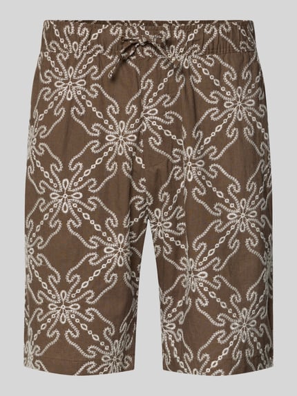 Produktfoto, Shorts aus Leinen-Mix mit elastischem Bund und Kordelzug von MCNEAL, braunes Muster mit weißem Print, entspannte Passform, sichtbare Kordel, Seiten- und Gesäßtaschen, Herren Shorts mit Baumwoll-Anteil, strukturierte Textur