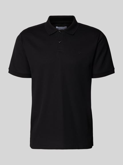 Produktfoto, schwarzes Regular Fit Poloshirt mit Strukturmuster Modell 'AUSTIN' von Jack & Jones, Baumwoll-Mix, dezentes Stitching, Knopfleiste
