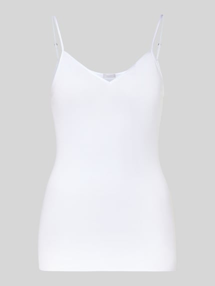 Produktfoto, Slim Fit Unterhemd mit Spaghettiträgern von Hanro in Weiß, Reine Baumwolle, V-Ausschnitt, glatte Textur, Damen