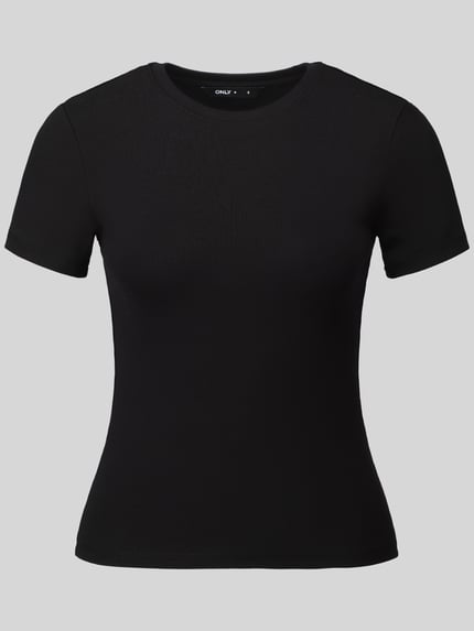 Produktfoto, schwarzes Slim Fit T-Shirt aus Baumwoll-Mix Modell 'RILEY' von ONLY, glatte Oberfläche, Damen T-Shirt von ONLY