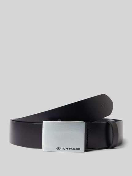 Productfoto, Gürtel aus Leder Modell 'Bob' van TOM TAILOR, echt leer, matte zilveren gesp, logo, lus, breedte 3,5 cm, zwart.