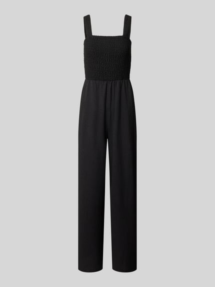 Produktfoto, Regular Fit Jumpsuit mit gesmoktem Rumpf Modell 'ELISE' von ONLY, Optik: Unifarben, Karree-Ausschnitt, breite Träger, ärmellos, Eingrifftaschen, schwarze Farbe, strukturierte Textur