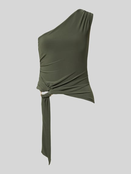 Produktfoto, Slim Fit Top im One-shoulder-Design Modell 'Jemma' od Forever New, elastyczna mieszanka materiałów, ozdobne obszycie, marszczenia, długość tyłu w rozmiarze 36: 35 cm, kolor oliwkowy, gładka tekstura