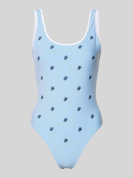 Produktfoto, badpak met all-over motief in blauw-wit strependesign, brede bandjes, gestikt logo, diepe u-hals, kreuklook, Badeanzug mit Logo-Stitching van TOMMY HILFIGER.