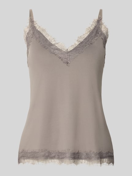 Produktfoto, Trägertop mit Spitzenbesatz von Jake*s Collection in Taupe, V-Ausschnitt, Material-Mix mit Stretch-Anteil, Regular-Fit, Rückenlänge 41 cm bei Größe S
