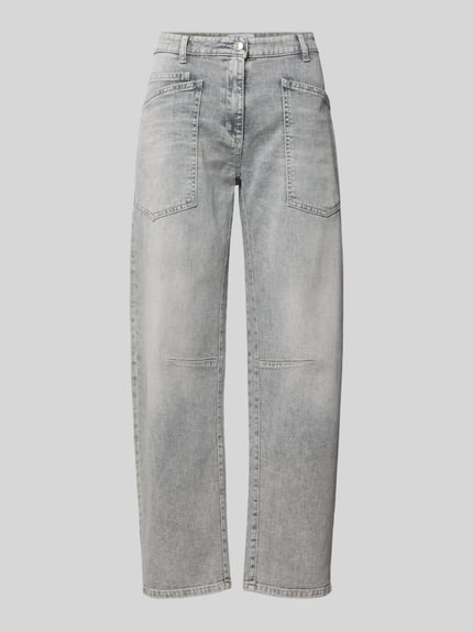Produktfoto, Barrel Fit Jeans aus Baumwoll-Mix Modell 'OCEAN' von Cambio in grauer Denim-Optik, High-Waist, verkürzt, 5-Pocket-Design, Label-Patch