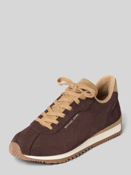 Produktfoto, Sneaker mit Logo-Detail Modell 'RHODES' von MICHAEL Michael Kors in Braun und Beige mit Schnürverschluss, abgerundete Form, strukturierte Gummisohle, Damen Sneaker, Absatzhöhe 3 cm, Schafthöhe 8 cm, Schaftweite 9 cm