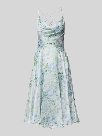 Produktfoto, Cocktailkleid mit Wasserfall-Ausschnitt von Luxuar, florale Pastellfarben, Midilänge, tailliert, Spaghettiträger, fließende Textur