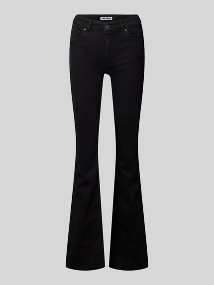 Produktfoto, Flared Jeans mit mittelhohem Bund in schwarzer Waschung von Review, Baumwoll-Mix mit Stretch, 5-Pocket-Design, glatte Struktur.