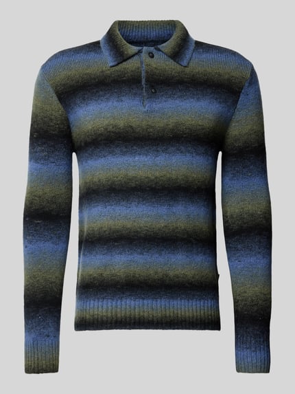 Produktfoto, Wollpullover aus Woll-Mix von ANNARR, krój slim fit, kołnierzyk polo, prążkowane wykończenia, imitacja dzianiny, Długość tyłu w rozmiarze M: 70 cm, mieszanka wełny i elastanu, kolorowe pasy: oliwkowy, niebieski, czarny