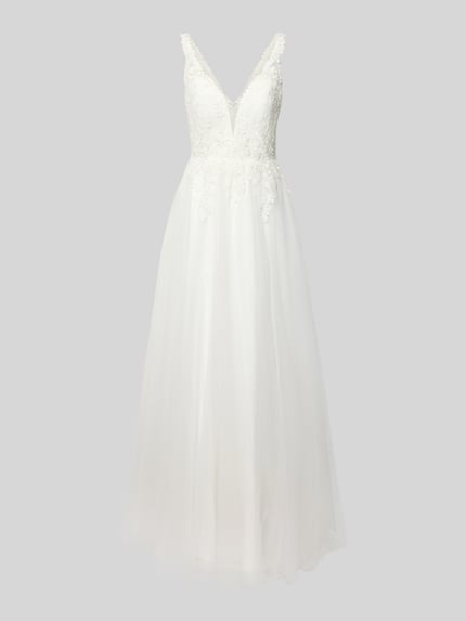 Produktfoto, Abendkleid mit Spitze und tiefem V-Ausschnitt von Mascara, A-Linie, Maxikleid, weißer Chiffon, zarte Struktur, breite Träger