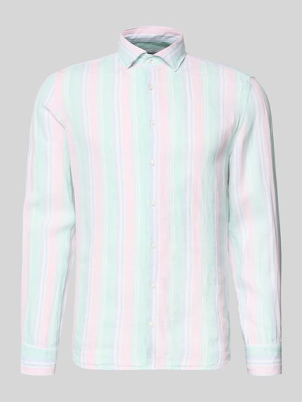 Produktfoto, Slim Fit Leinenhemd mit Kentkragen von SEIDENSTICKER in Pastellrosa, Mint und Weiß, durchgängige Knopfleiste, Langärmelig, reine Leinen, Rückenlänge 75 cm, Schulterbreite 44 cm, Ärmellänge 64 cm.