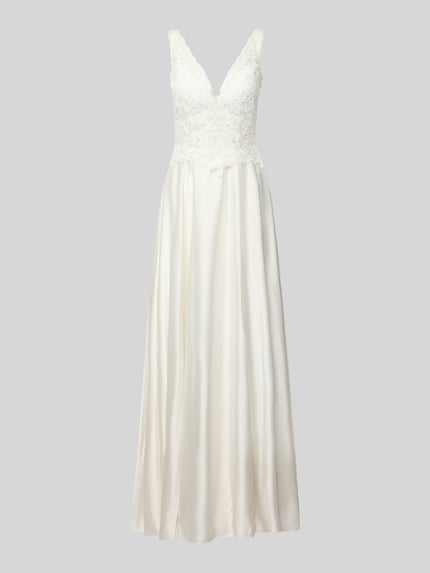 Produktfoto, Abendkleid mit Spitze und breiten Trägern von Mascara in Elfenbein, A-Linie, Satin, tiefer und rückseitiger V-Ausschnitt
